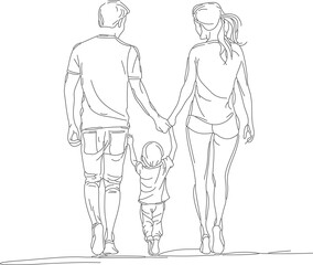 Happy family in continuous line art drawing style. Front view of parents with their little kid holding hands and walking together black linear sketch isolated on white background.