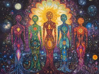 Fototapeta premium Stylized mosaic women in cosmic landscape with vibrant colors and starry backdrop