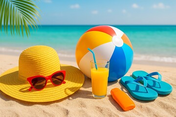 Summer vacation sandy beach scene featuring straw hat, stylish sunglasses, and beach ball with refreshing drink by the sea, representing the concept of holiday travel and tropical paradise getaway
