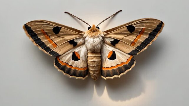 Detailed perspective of a moth positioned on a white backdrop.