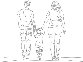 Happy family in continuous line art drawing style. Front view of parents with their little kid holding hands and walking together black linear sketch isolated on white background.