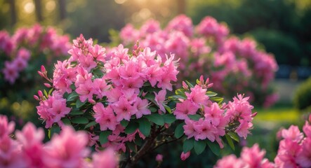 Obraz premium An azalea bush bursting with vibrant pink blooms, creating a beautiful and colorful garden display.