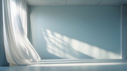 Empty area with light filtering through window and sheer white curtains. Minimalist interior showcasing concrete walls and flooring. Architecture exhibition space.