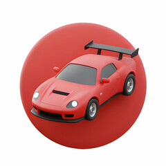 3D illustration of a red sports car with a sleek body design and a prominent rear spoiler, set against a matching red circular background