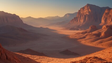 Naklejka premium Wide panorama of a stony desert at sunrise in a haze of gentle sunlight, mountain scenery of hills. Travel to wildlife, adventure tourism, excursions to the wilderness.