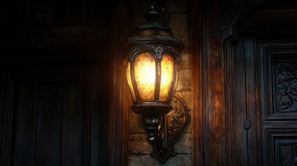 Ornate outdoor wall lamp illuminating dark wooden facade