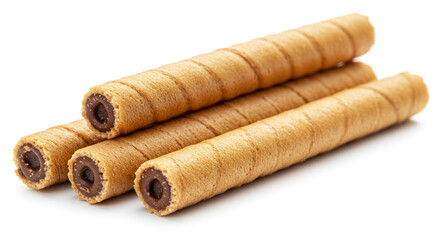 Crispy wafer rolls filled with rich chocolate, a delightful treat promising sweet indulgence and a satisfying crunch, beautifully arranged against a bright white background.