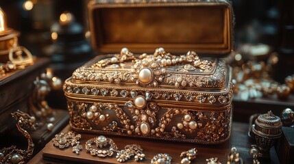 Intricate vintage jewelry box with antique pieces and reflections creating an elegant, nostalgic scene