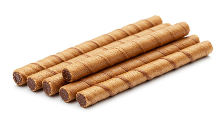 A tempting stack of crispy wafer rolls, delicately coated in rich chocolate, promising a delightful sweet treat against a bright white background.