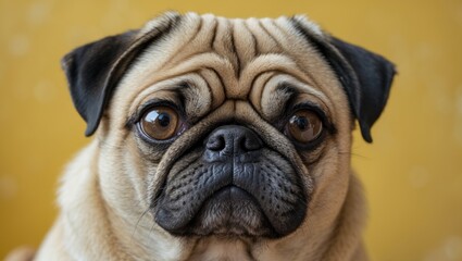 sad-looking pug puppy on a colorful background with an adorable appearance