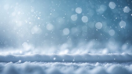 Fototapeta premium Winter scene featuring a mound of snow and blurred abstract lights. Empty wooden boards in the foreground.