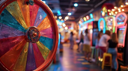 Vibrant Colorful Wheel Fortune Game Arcade Casino Fun Bright Festive Entertainment Lucky Chance Colorful Spinning Wheel Game Night Amusement Park Fairground Attraction win red loss risk neon blur blue