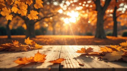 wooden tabletop and fall foliage
