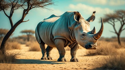 Fototapeta premium White rhinoceros or square-lipped rhinoceros (Ceratotherium simum) in a natural habitat.