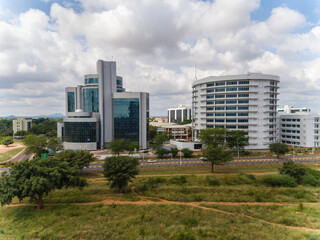 drone aerial view of Gaborone daytime, towers ,Gaborone is the capital city of Botswana the small southern African nation with an economy based on diamonds