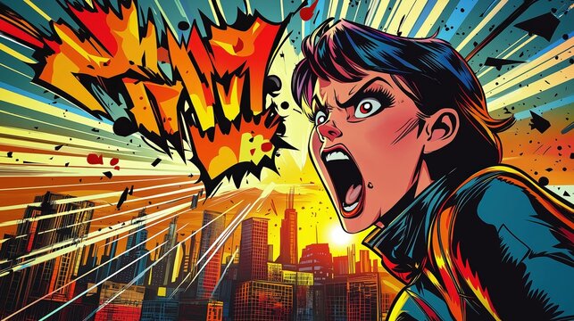 Dramatic comic book yelling man with fiery explosion in urban cityscape