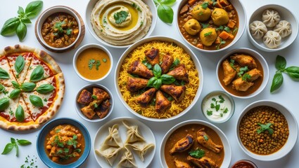 Overview of Desi Traditional Food Selection: Pizza, Hummus, Biryani, Chicken Curry, Momos, Tikka, Korma, Samosas. Collection of Foods on White Background.