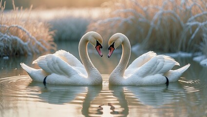 Obraz premium Wild bird mute swans swimming in winter on a pond, wildlife.