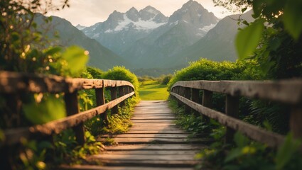 Fototapeta premium Straight wooden footbridge or path drawing attention to a forest of dark green trees at the center of the image with snow-capped mountain peaks in the background as the sun rises against a blue sky.