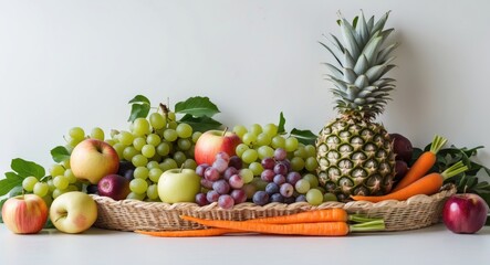 Wide panoramic image of fruits, vegetables, and berries for your layout set against a white background.