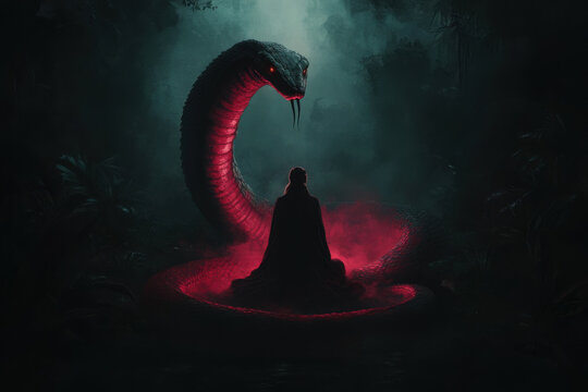 A person is sitting in front of a large snake