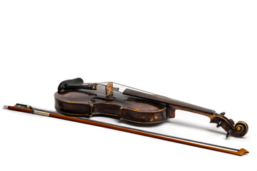  Vintage violin with bow isolated on white background