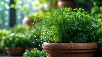 Indoor gardening with fresh green dill.