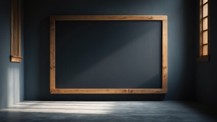 wide blackboard with wooden frame in a dimly lit room