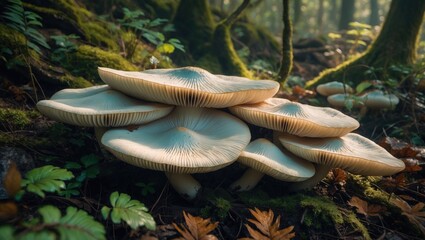 Wild mushrooms thriving in a forest, surrounded by greenery and trees.