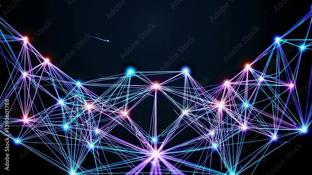 Poster colorful connecting lines and dots forming a plexus structure are creating an abstract technology ba