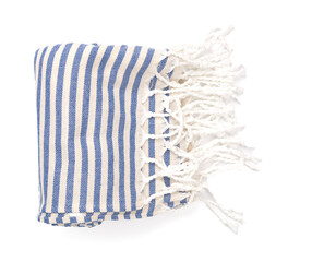 Folded blue beach towel isolated on white, top view