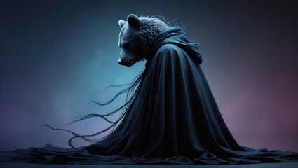 Wolf in a hooded cloak against a dark misty backdrop.