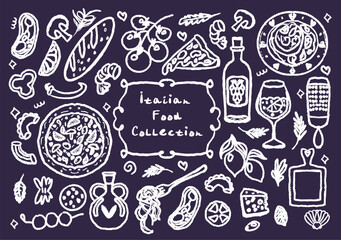 Beautiful collection of hand drawn Italy food set whimsical style La Dolce Vita. Vector Illustration