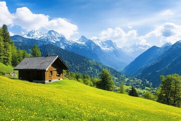 Fototapeta premium Wooden cabin nestled in a vibrant meadow with mountains backdrop