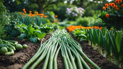 Fototapeta premium A vegetable garden featuring lines of home-grown crops
