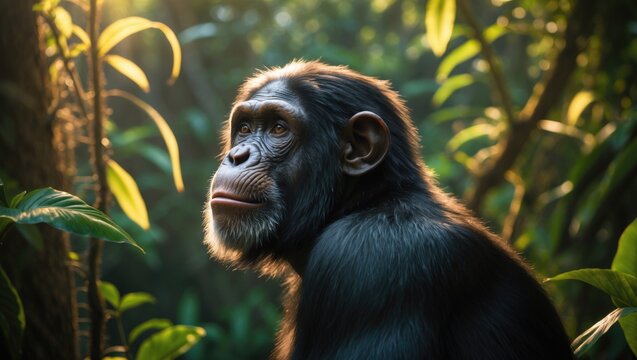 Adult chimpanzee displayed in profile under sunlight in a tropical rainforest setting.