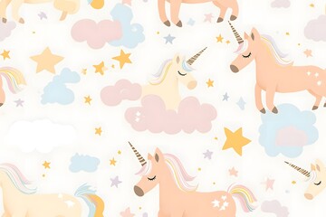 Minimalist unicorns with stars and clouds in soft pastel tones, arranged in a seamless repeating design for kids' decor