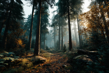 Obraz premium Mystical Forest Path with Sunlight Filtering Through Tall Trees