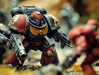 Red and black painted miniature wargaming figure with gun and weathering effects, close-up shot