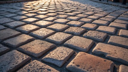 Fototapeta premium Paver brick flooring, paving stones or block paving. Made from concrete or stone for roads, paths, driveways, and patios. Unoccupied floor viewed from a perspective angle with selective focus.