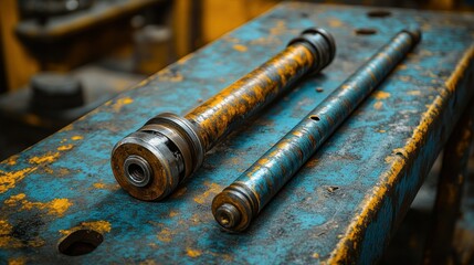 Two rusty metal rods rest on a worn workbench