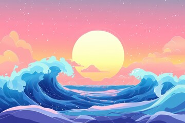 Vibrant sunset over the sea with crashing waves and colorful clouds in the evening sky, sunset over the sea with waves