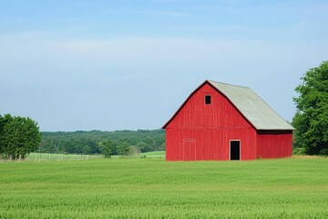 Obraz premium A vibrant red barn standing tall in a lush green field scenery