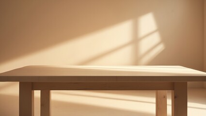 Wooden empty cozy table backdrop, sunny countertop template setting with soft sunlight and shadows, presentation and advertisement mockup.