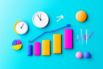 Upward Trend: Business Growth and Time Management - Colorful illustration depicting upward business growth, time management, and data analysis. Ideal for presentations or marketing materials