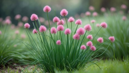 Chives, scientifically known as Allium Schoenoprasum, at the Botanical Garden