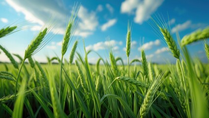 Fototapeta premium Farming area featuring young green wheat shoots, vibrant scenery on a sunny day, blue sky backdrop