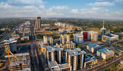 drone aerial view of Gaborone daytime, CBD area, towers and skyscrapers , Gaborone is the capital...