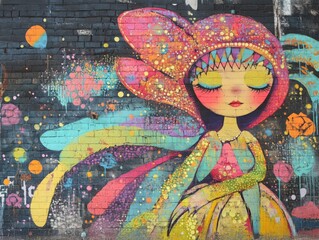 Fototapeta premium Colorful stylized female figure mural with paint splashes on dark brick wall