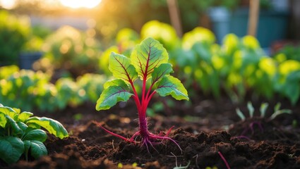 Close-up of a young Beetroot plant seedling basking in sunlight outdoors in an allotment.